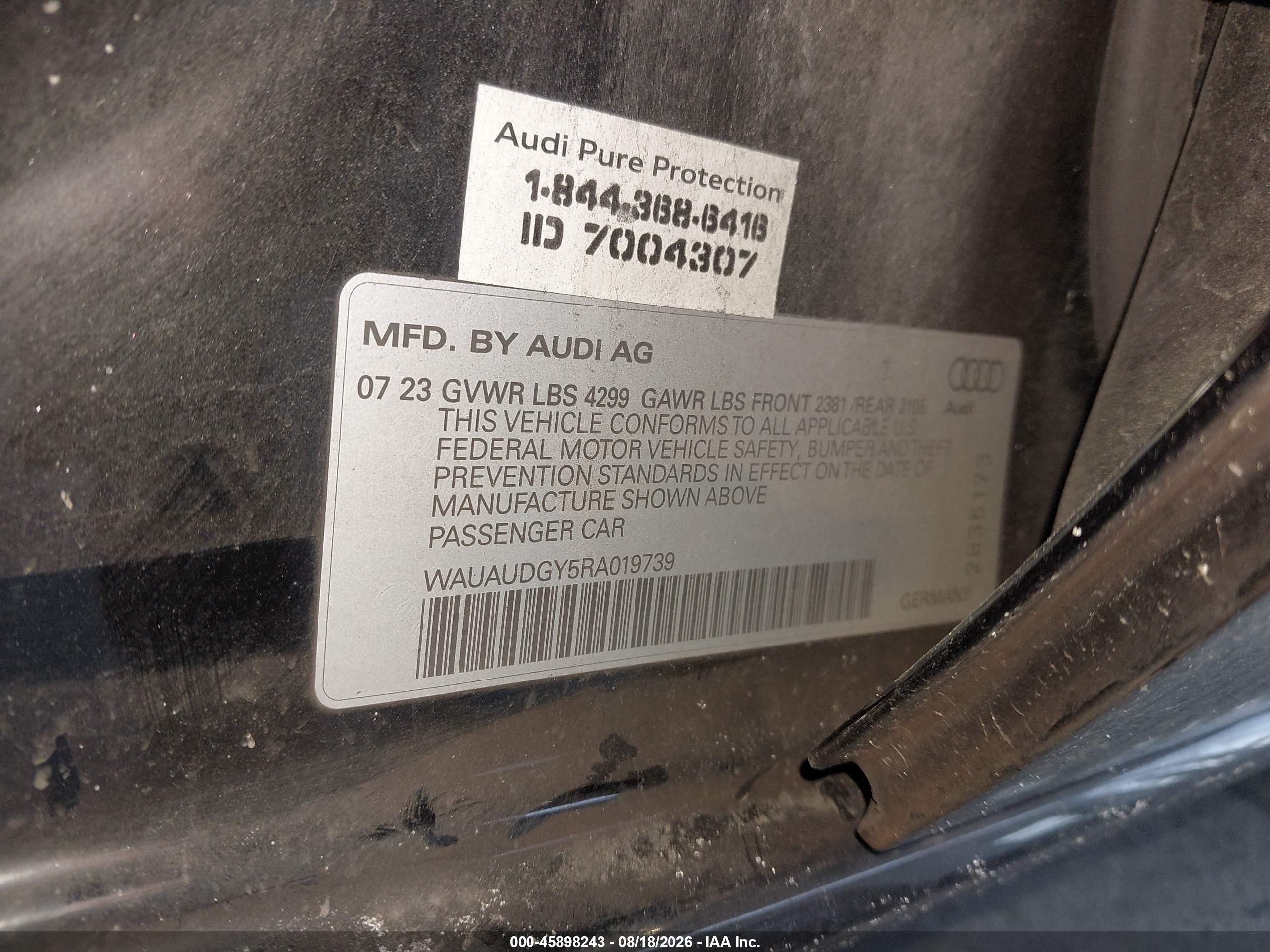 2024 Audi A3 VIN WAUAUDGY5RA019739 IAAI salvage auction — Unknown, Certificate Of Destruction (Florida), sold $5,700 on 2026-09-12 (photo 9)