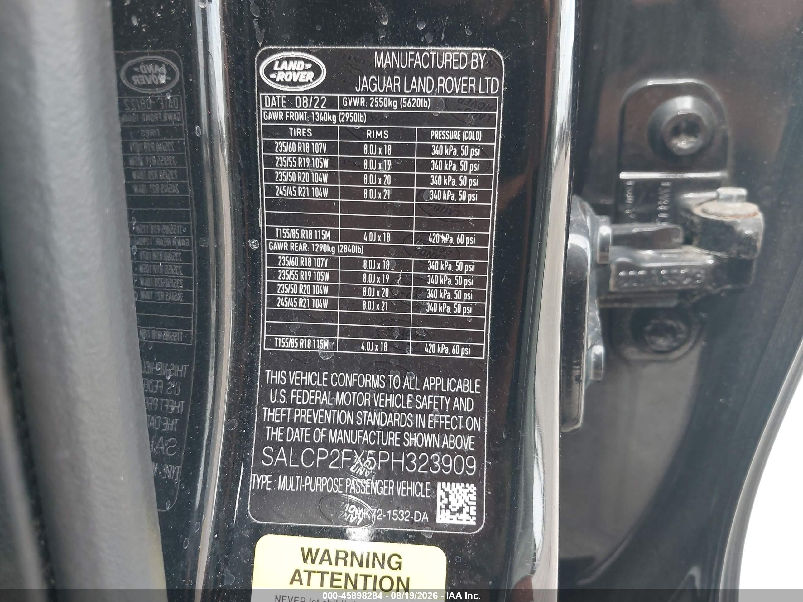 2023 Land Rover Discovery Sport VIN SALCP2FX5PH323909 IAAI salvage auction — Normal Wear, Clear (New York), sold $14,500 on 2026-09-27 (photo 9)