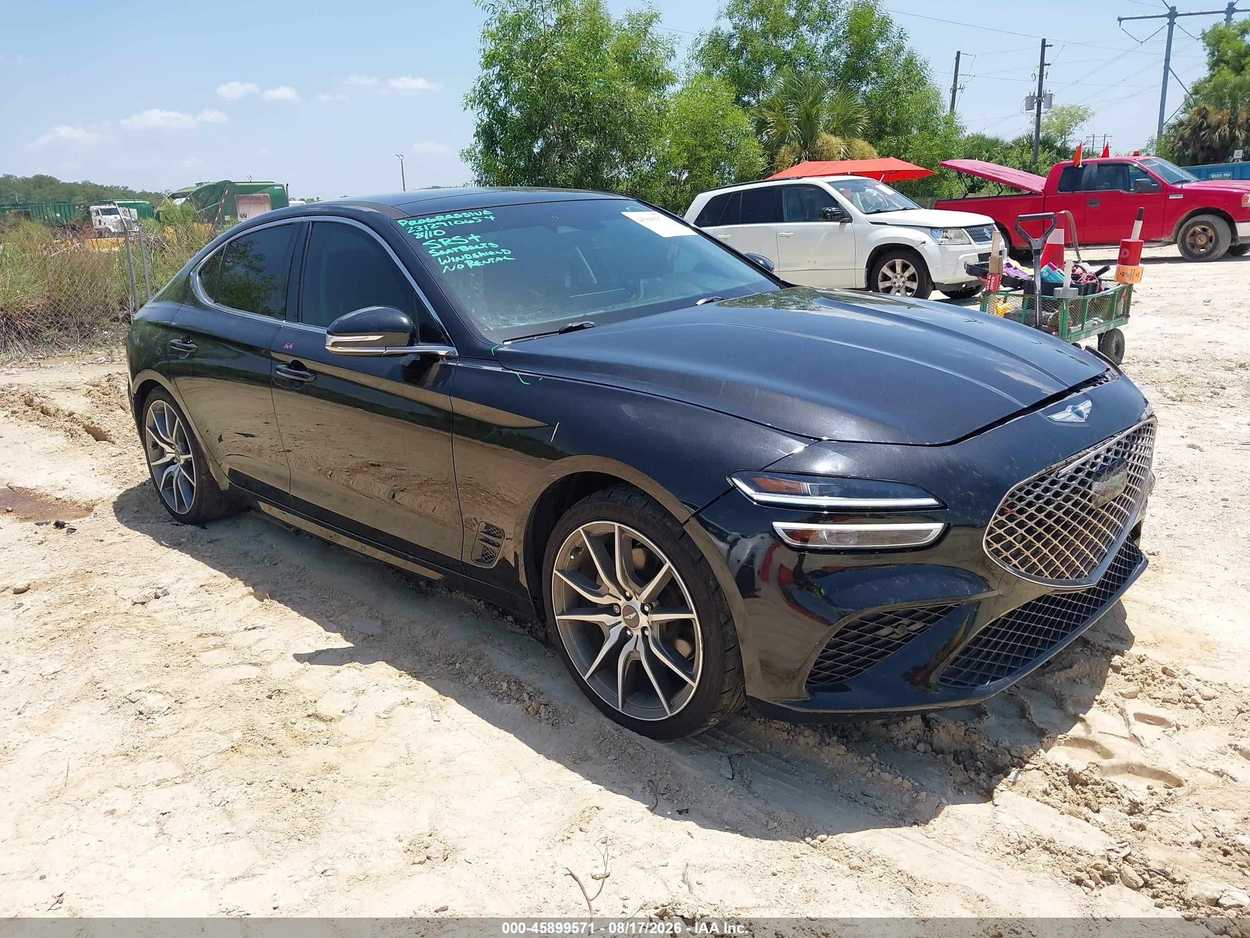 2022 Genesis G70 VIN KMTG34TA0NU098109 IAAI salvage auction — Front & Rear, Certificate Of Destruction (Florida), sold $6,400 on 2026-09-10 (photo 1)