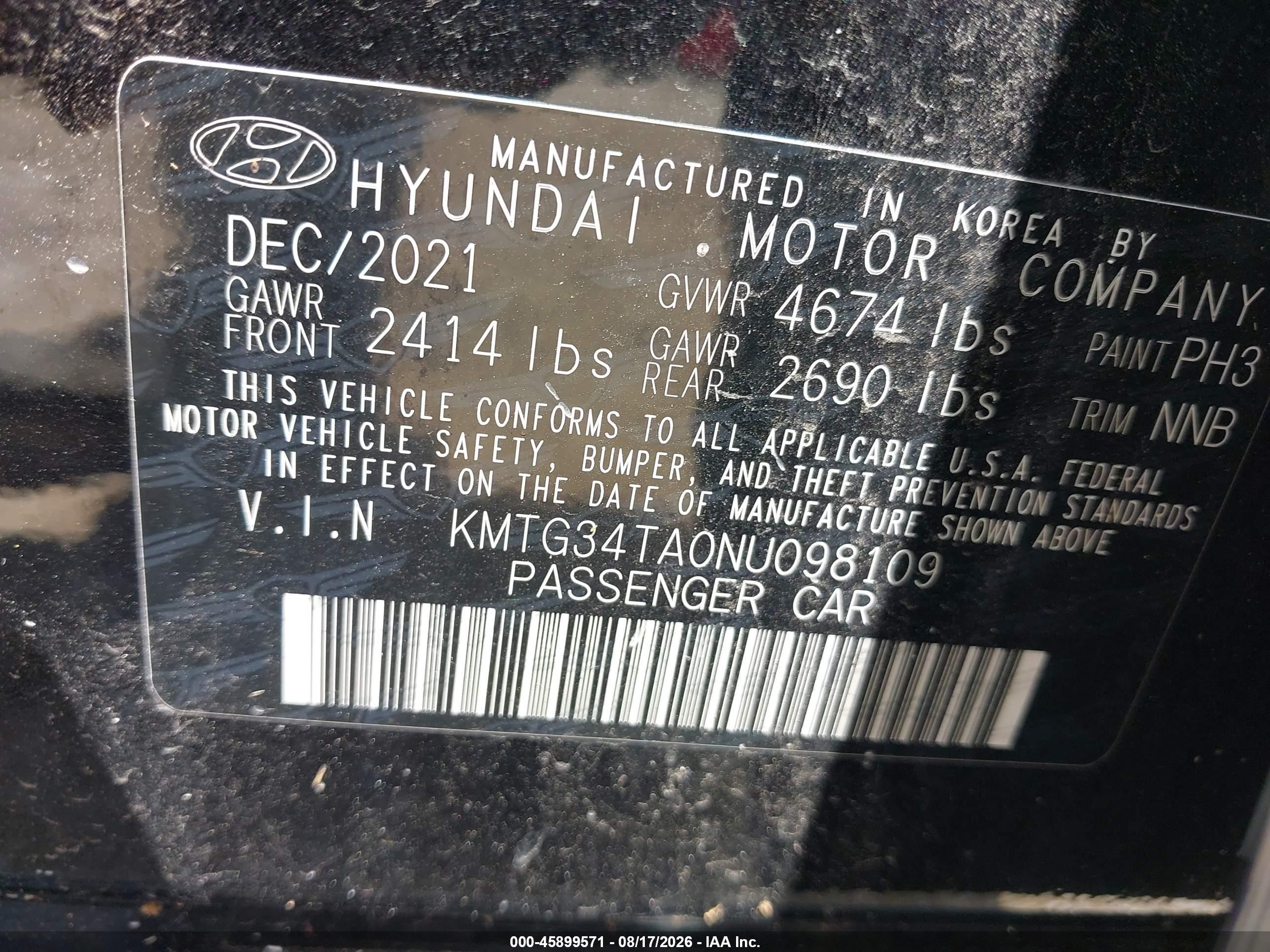 2022 Genesis G70 VIN KMTG34TA0NU098109 IAAI salvage auction — Front & Rear, Certificate Of Destruction (Florida), sold $6,400 on 2026-09-10 (photo 9)