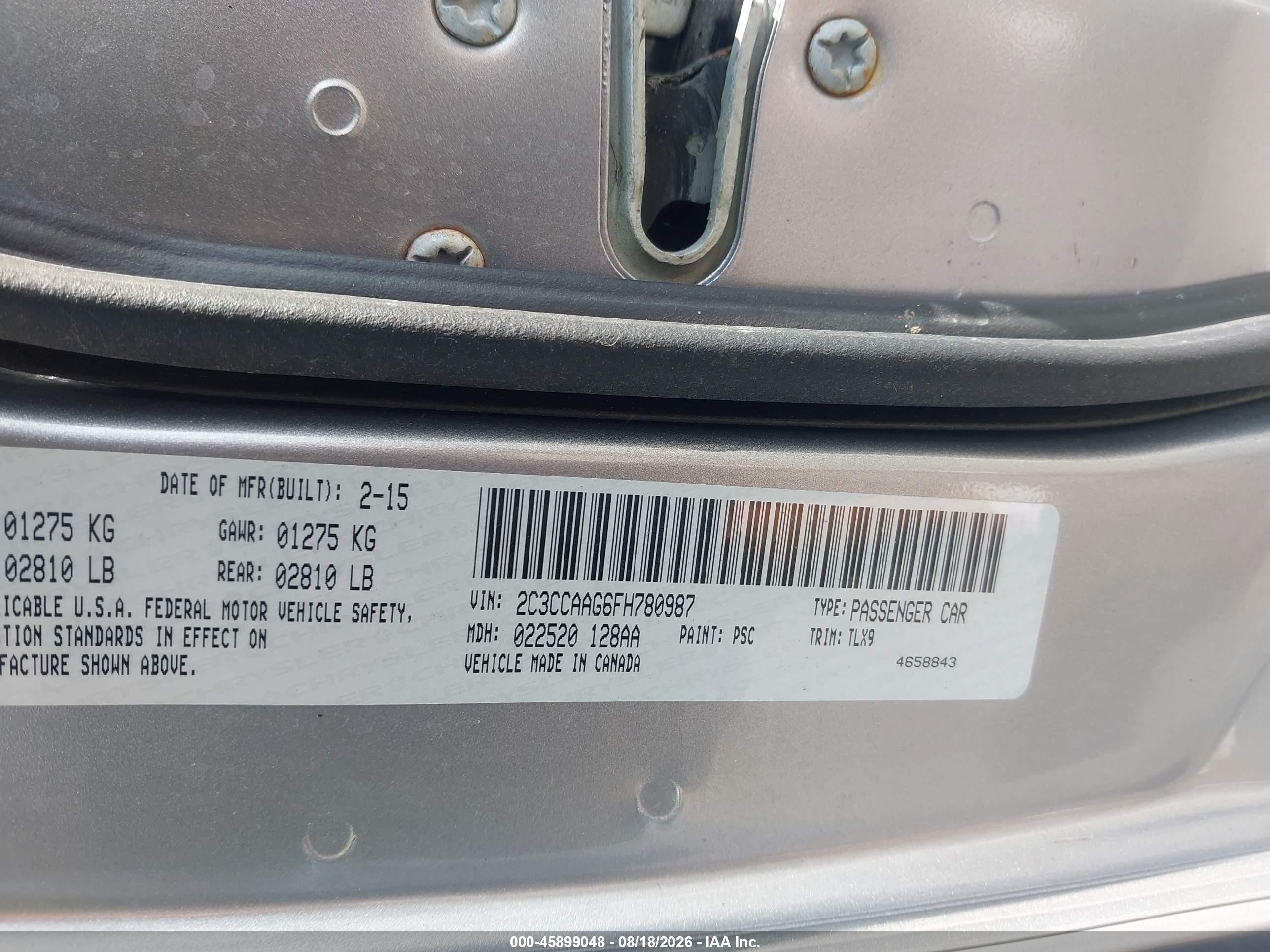 2015 Chrysler 300 VIN 2C3CCAAG6FH780987 IAAI salvage auction — Rear End, Salvage (North Carolina), sold $1,600 on 2026-09-25 (photo 9)