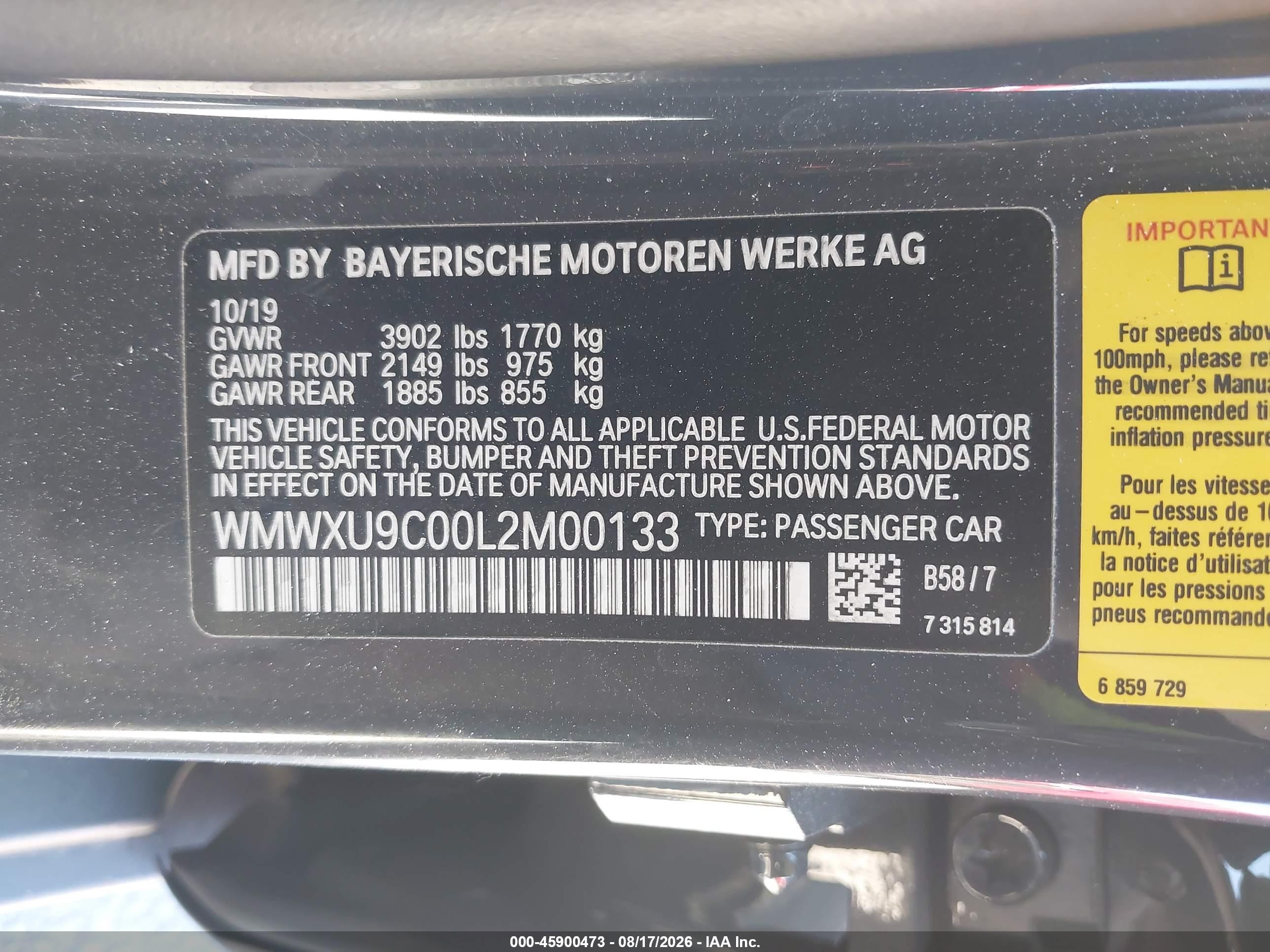 2020 Mini Hard top VIN WMWXU9C00L2M00133 IAAI salvage auction — Front End, Salvage (California), sold $3,100 on 2026-09-10 (photo 9)