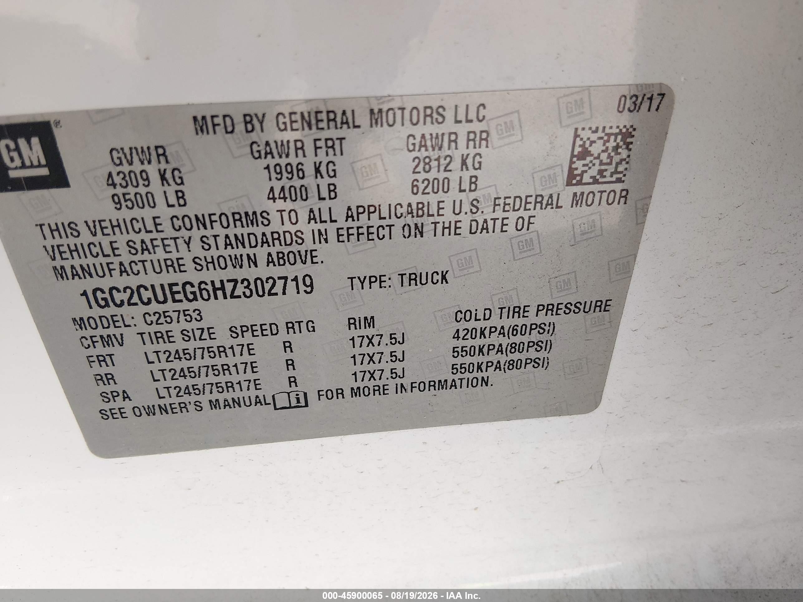 2017 Chevrolet Silverado VIN 1GC2CUEG6HZ302719 IAAI salvage auction — Unknown, Salvage (North Carolina), sold $7,900 on 2026-09-04 (photo 9)