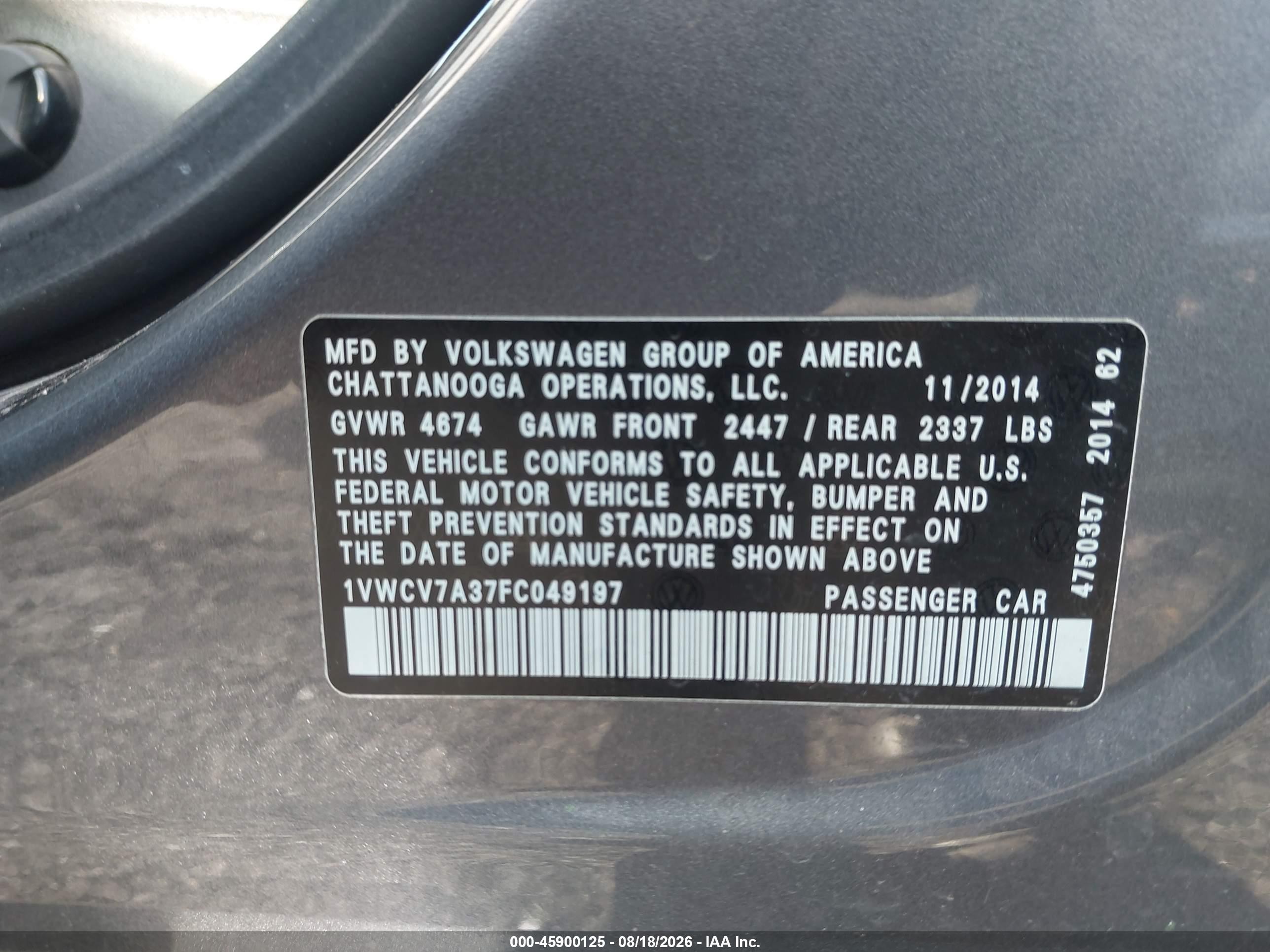 2015 Volkswagen Passat VIN 1VWCV7A37FC049197 IAAI salvage auction — Front End, Salvage (Pennsylvania), sold $500 on 2026-09-08 (photo 9)