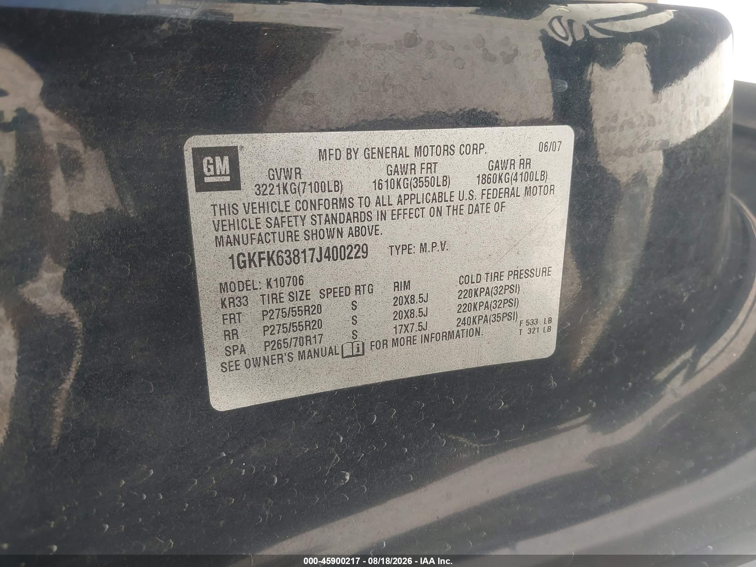 2007 Gmc Yukon VIN 1GKFK63817J400229 IAAI salvage auction — Side, Original (Texas), sold $2,050 on 2026-10-06 (photo 9)
