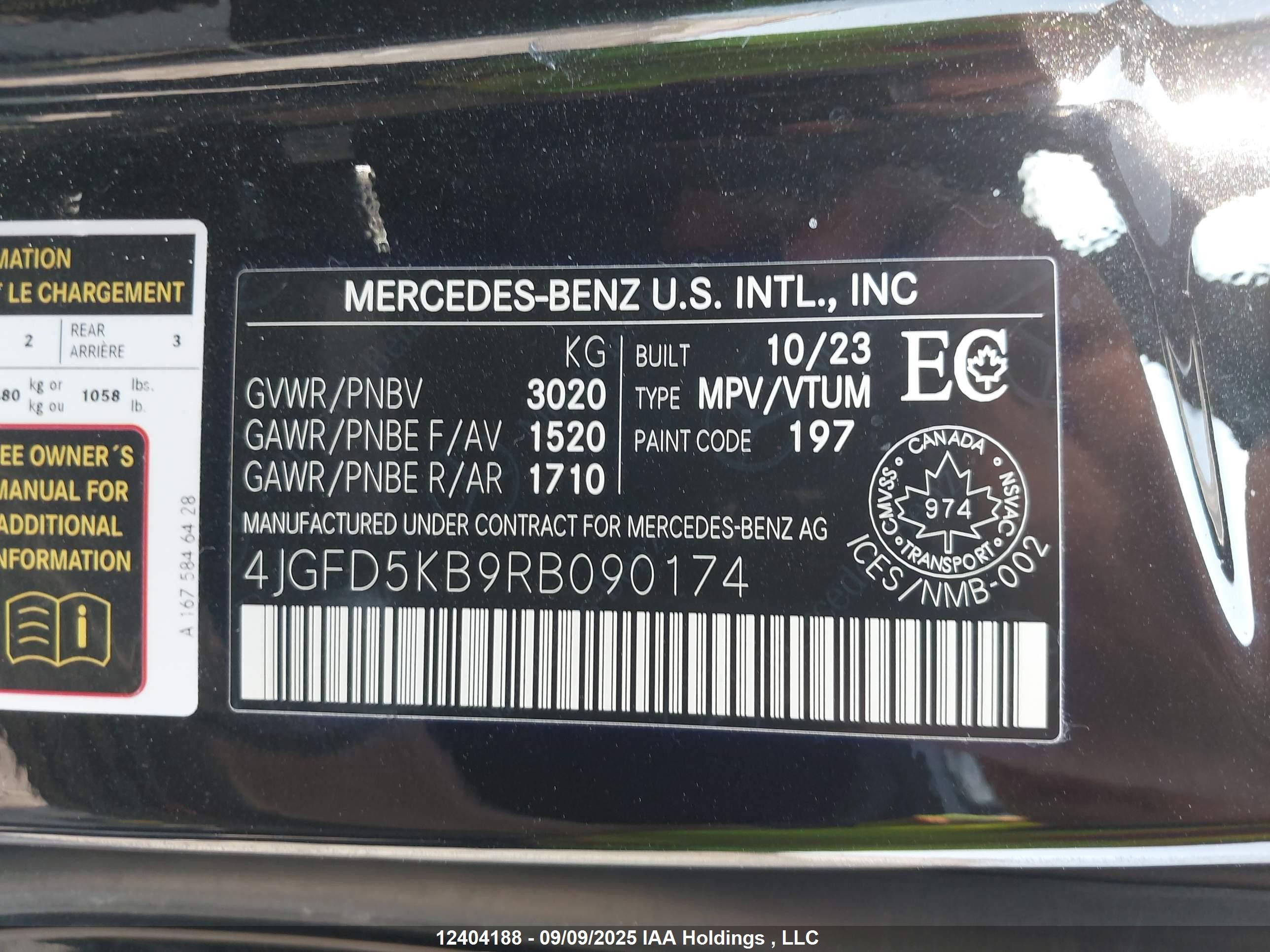 2024 Mercedes-Benz GLE-Class VIN 4JGFD5KB9RB090174 IAAI salvage auction — Water/Flood, On-Irreparable (Ontario), sold $79,999 on 2026-06-24 (photo 9)