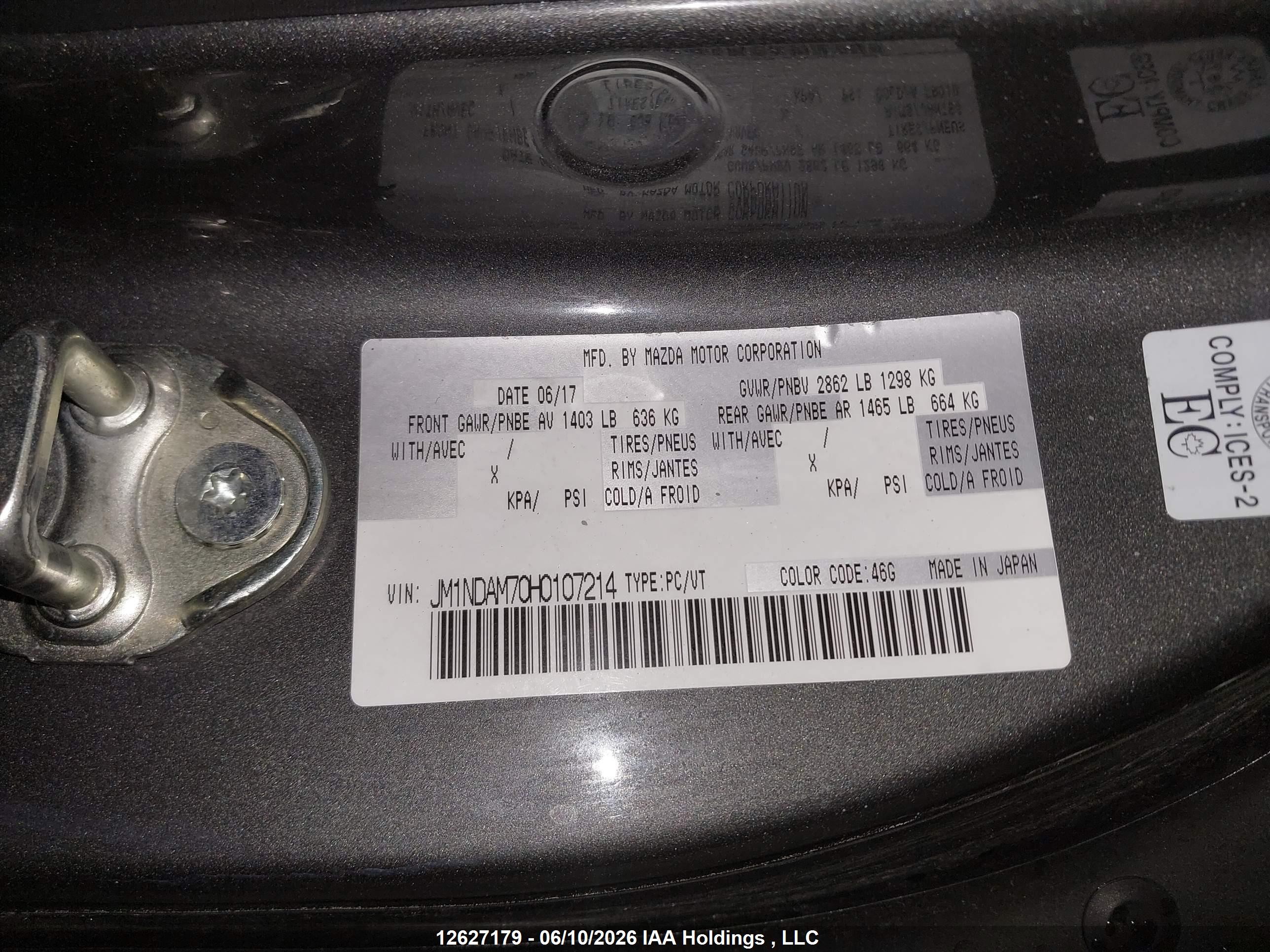 2017 Mazda MX-5 Miata VIN JM1NDAM70H0107214 IAAI salvage auction — Unknown, On-Rebuilt (Ontario), sold $5,600 on 2021-03-01 (photo 9)