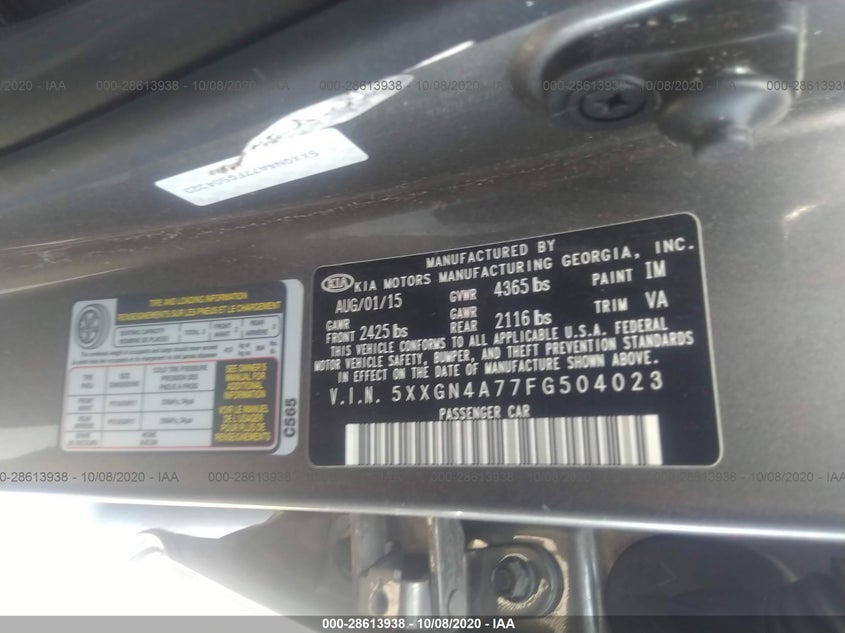2015 Kia Optima VIN 5XXGN4A77FG504023 IAAI salvage auction — ROLLOVER, Salvage (Missouri), sold $325 on 2026-07-28 (photo 9)