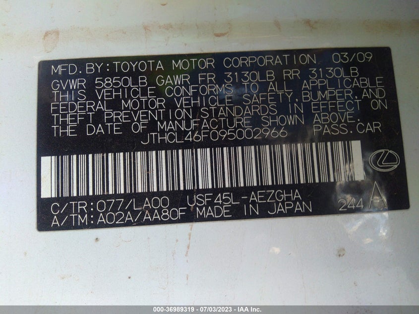 2009 Lexus Ls VIN JTHCL46F095002966 IAAI salvage auction — Front End, Other, sold $2,175 on 2023-12-26 (photo 9)