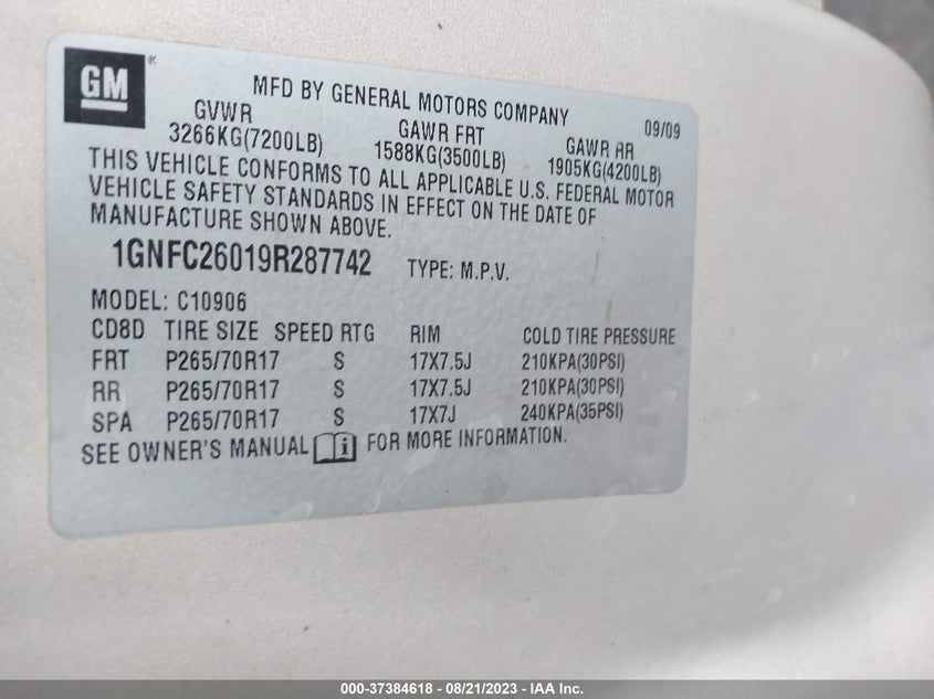 2009 Chevrolet Suburban 1500 VIN 1GNFC26019R287742 IAAI salvage auction — ENGINE DAMAGE, Salvage (Idaho), sold $275 on 2026-08-21 (photo 9)