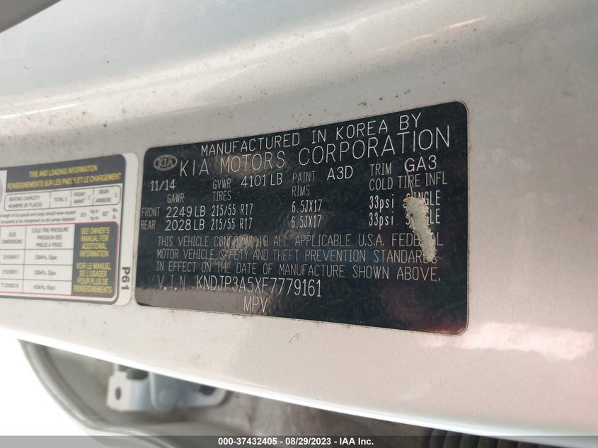 2015 Kia Soul VIN KNDJP3A5XF7779161 IAAI salvage auction — REAR END, Salvage Title, sold $300 on 2026-07-15 (photo 9)