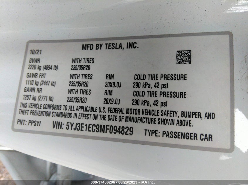 2021 Tesla Model 3 VIN 5YJ3E1EC9MF094829 IAAI salvage auction — FRONT END, Salvage Title, sold $7,900 on 2026-07-22 (photo 9)