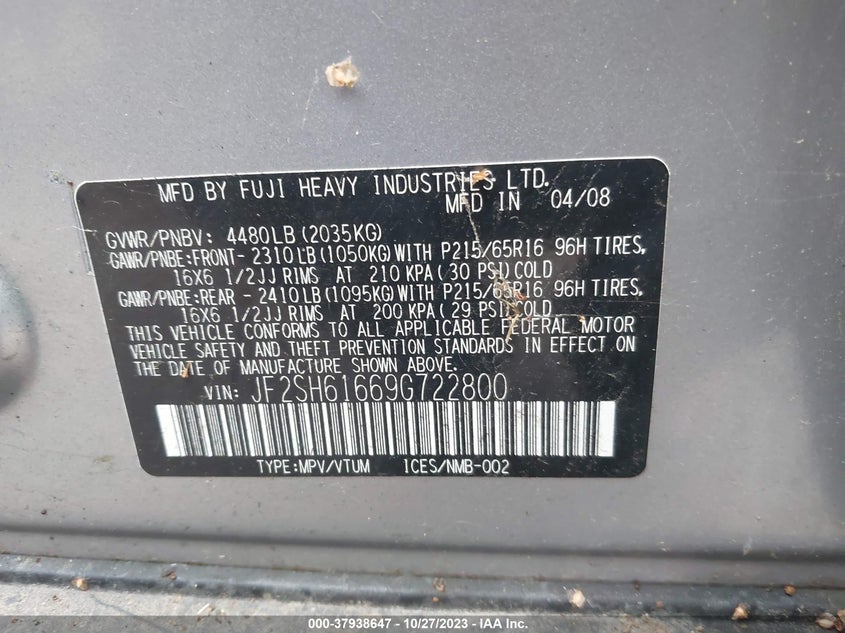 2009 Subaru Forester VIN JF2SH61669G722800 IAAI salvage auction — Unknown, Other, sold $1,100 on 2023-11-15 (photo 9)