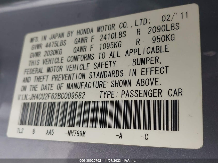 2011 Acura Tsx VIN JH4CU2F62BC009582 IAAI salvage auction — FRONT END, Salvage (Ohio), sold $425 on 2026-07-22 (photo 9)