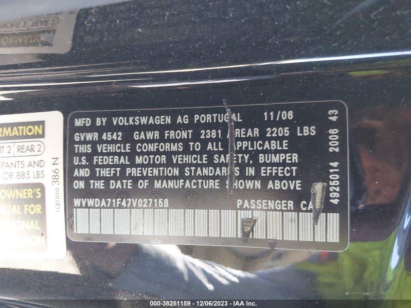 2007 Volkswagen Eos VIN WVWDA71F47V027158 IAAI salvage auction — FRONT END, Salvage (California), sold $25 on 2026-07-29 (photo 9)
