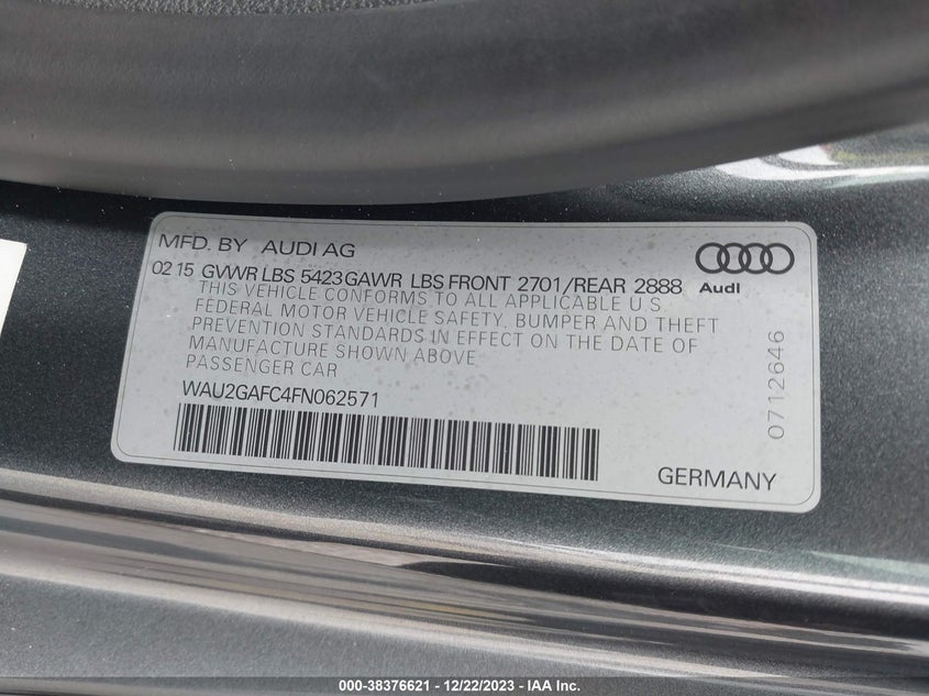 2015 Audi A7 VIN WAU2GAFC4FN062571 IAAI salvage auction — FRONT END, Rebuildable (Florida), sold $4,900 on 2026-09-02 (photo 9)