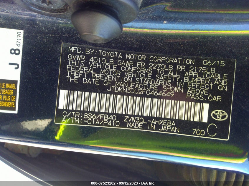 2015 Toyota Prius VIN JTDKN3DU2F0464649 IAAI salvage auction — FRONT END, Mv-907A (New York), sold $1,225 on 2026-07-29 (photo 9)