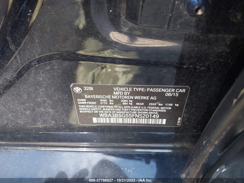 2015 BMW 3 series VIN WBA3B5G55FNS20149 IAAI salvage auction — FRONT & REAR, Salvage Title, sold $825 on 2026-07-14 (photo 9)