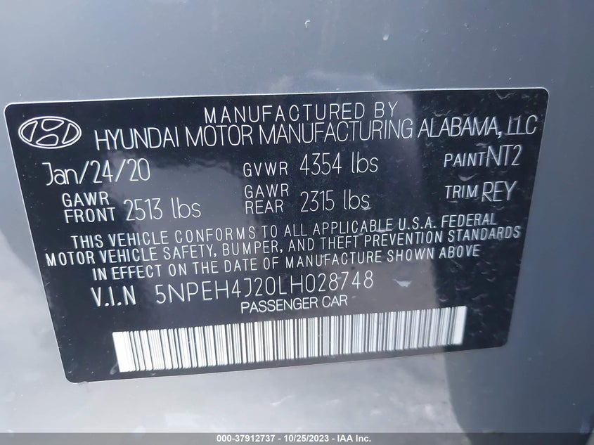 2020 Hyundai Sonata VIN 5NPEH4J20LH028748 IAAI salvage auction — FRONT END, Salvage Title, sold $25 on 2026-07-30 (photo 9)