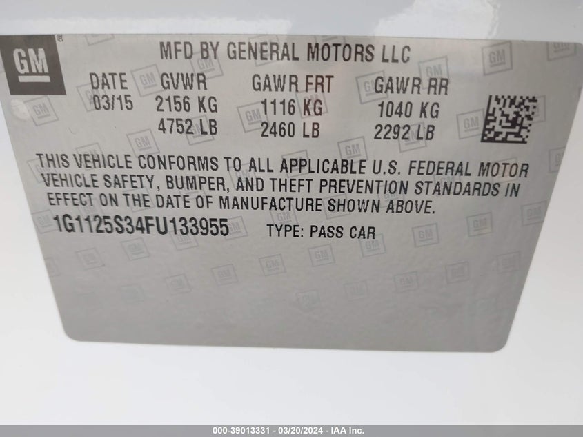 2015 CHEVROLET IMPALA VIN 1G1125S34FU133955 COPART salvage auction — Front End, Original (Texas), sold $3,850 on 2024-05-02 (photo 9)