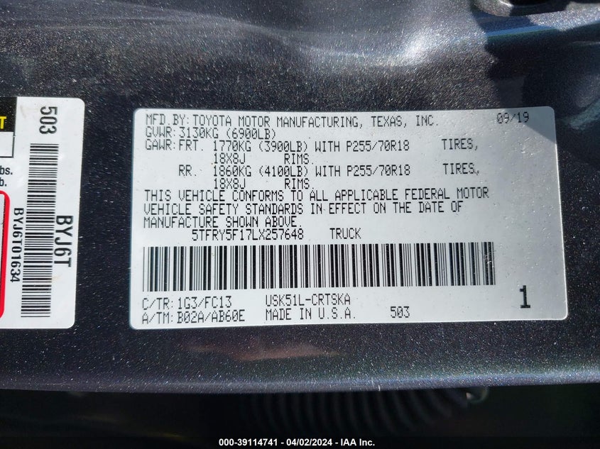 2020 Toyota Tundra VIN 5TFRY5F17LX257648 IAAI salvage auction — FRONT END, Original (Texas), sold $7,300 on 2026-07-28 (photo 9)