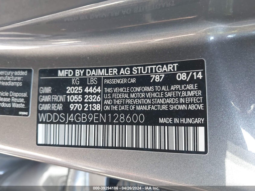 2014 Mercedes-benz Cla 250 VIN WDDSJ4GB9EN128600 IAAI salvage auction — TRANSMISSION, Salvage Title, sold $400 on 2026-08-13 (photo 9)