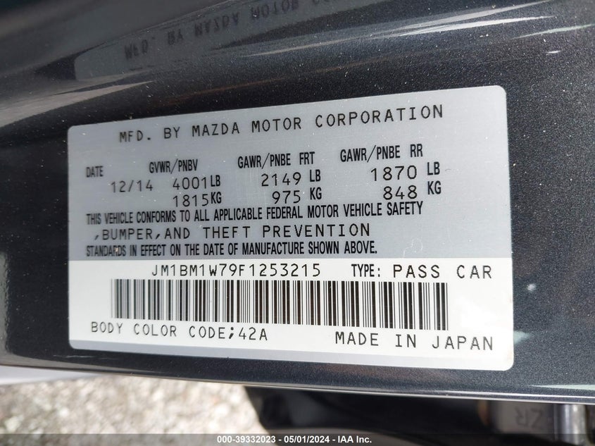 2015 Mazda Mazda3 VIN JM1BM1W79F1253215 IAAI salvage auction — REAR END, Salvage Title, sold $725 on 2026-07-07 (photo 9)