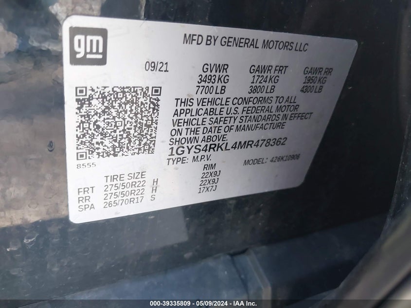 2021 Cadillac Escalade VIN 1GYS4RKL4MR478362 COPART salvage auction — Rear, Other (New York), sold $42,550 on 2024-05-28 (photo 9)