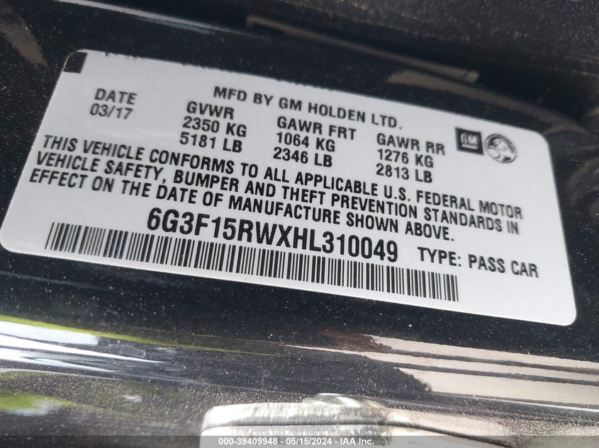 2017 Chevrolet Ss VIN 6G3F15RWXHL310049 COPART salvage auction — Hail, Original (Texas), sold $22,225 on 2024-06-25 (photo 9)