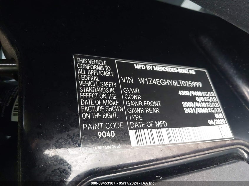 2020 MERCEDES-BENZ SPRINTER 2500 VIN W1Z4EGHY6LT025999 COPART salvage auction — Front End, Salvage (Texas), sold $18,300 on 2025-02-20 (photo 9)