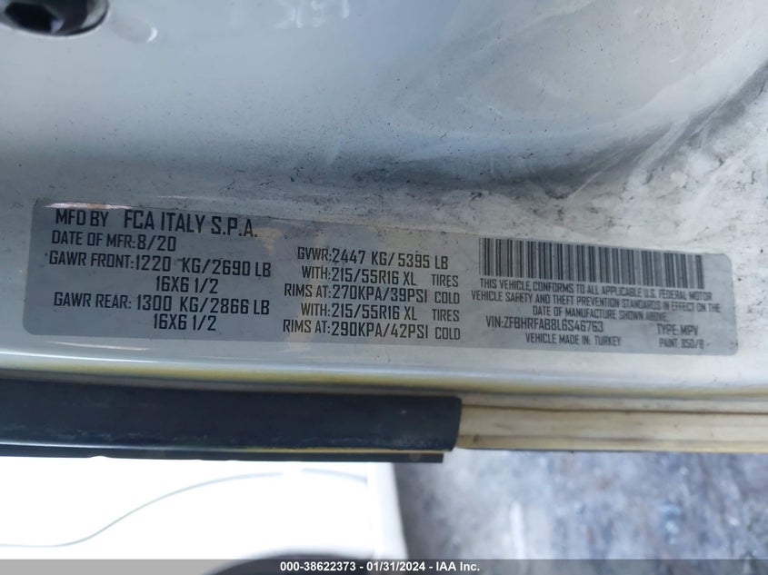 2020 Ram Promaster city VIN ZFBHRFAB8L6S46763 COPART salvage auction — Front End, Clear (Georgia), sold $8,825 on 2024-02-13 (photo 9)