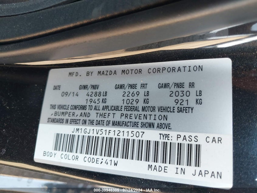 2015 Mazda 6 VIN JM1GJ1V51F1211507 IAAI salvage auction — FRONT END, Salvage (Arizona), sold $25 on 2026-07-28 (photo 9)