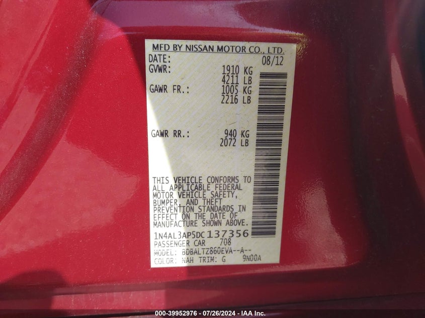 2013 NISSAN ALTIMA VIN 1N4AL3AP5DC137356 COPART salvage auction — Left Side, Salvage (Alabama), sold $1,850 on 2024-08-20 (photo 9)
