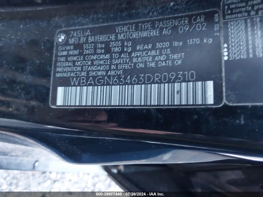 2003 BMW 7 series VIN WBAGN63463DR09310 IAAI salvage auction — FRONT END, Court Order (Georgia), sold $475 on 2026-07-08 (photo 9)