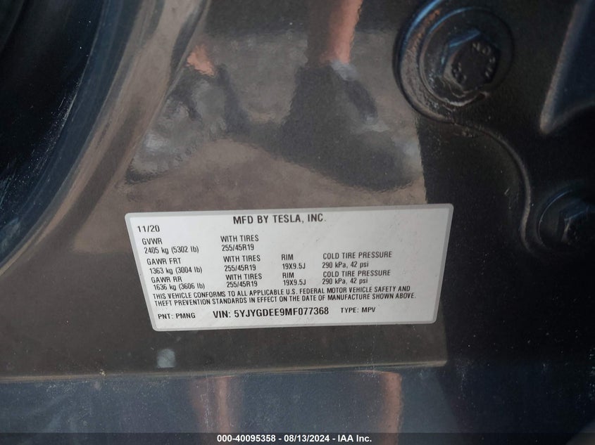 2021 Tesla Model y VIN 5YJYGDEE9MF077368 COPART salvage auction — Front End, Salvage (Georgia), sold $12,450 on 2024-10-20 (photo 9)
