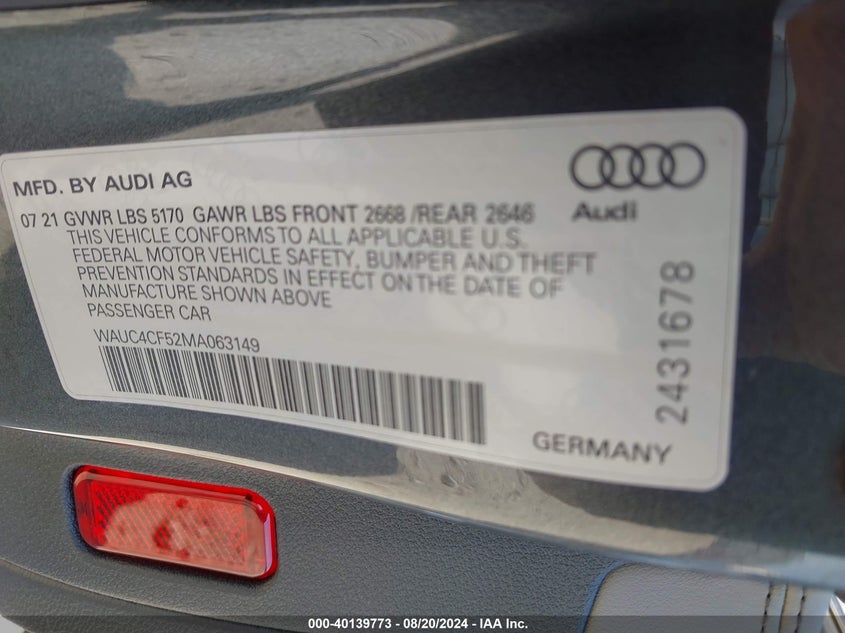 2021 Audi S5 VIN WAUC4CF52MA063149 IAAI salvage auction — FRONT END, Original (Texas), sold $10,300 on 2026-08-27 (photo 9)