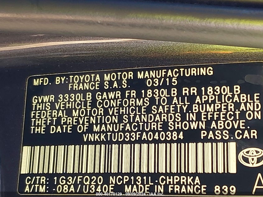 2017 Toyota Yaris VIN VNKJTUD33HA076364 IAAI salvage auction — FRONT END, Salvage Title, sold $700 on 2026-07-30 (photo 9)
