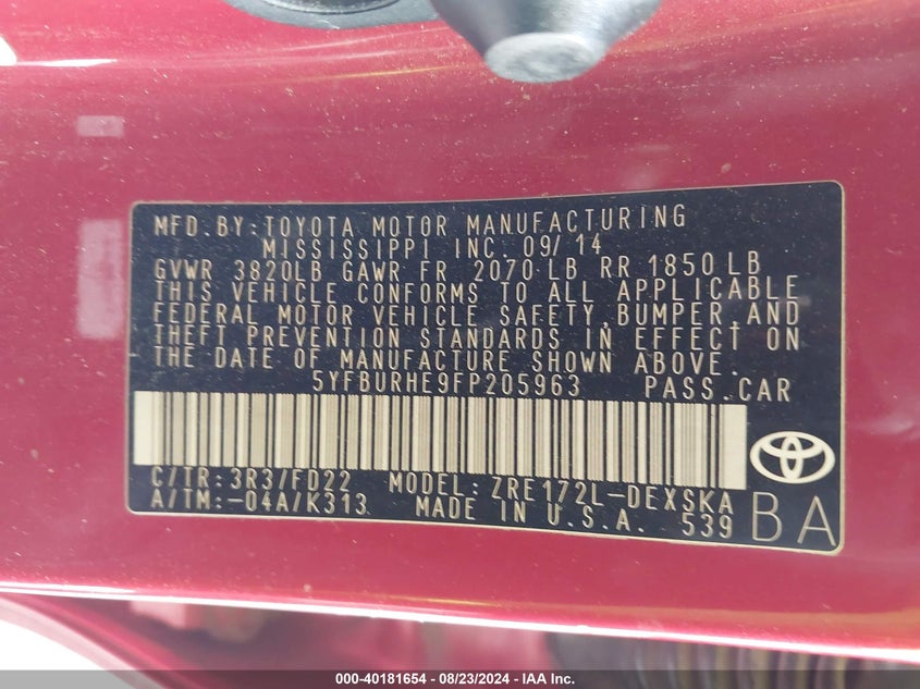 2015 Toyota Corolla VIN 5YFBURHE9FP205963 IAAI salvage auction — FRONT END, Salvage (Texas), sold $1,050 on 2026-07-20 (photo 9)