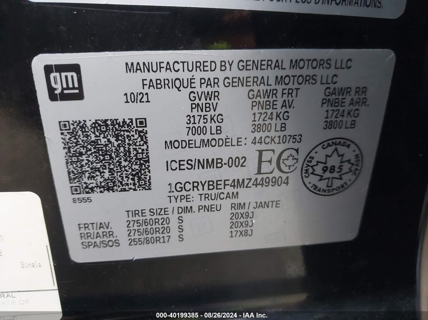 2021 Chevrolet Silverado 1500 VIN 1GCRYBEF4MZ449904 IAAI salvage auction — FRONT END, Salvage Title, sold $7,700 on 2026-07-09 (photo 9)