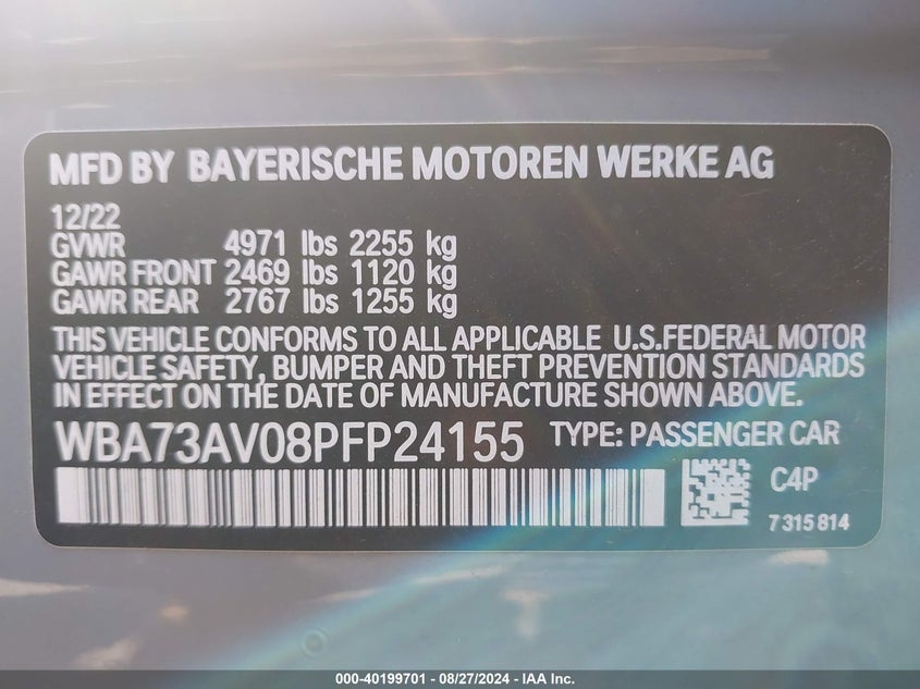 2023 BMW 430I GRAN COUPE VIN WBA73AV08PFP24155 COPART salvage auction — Front End, Salvage (Kansas), sold $22,750 on 2025-01-08 (photo 9)