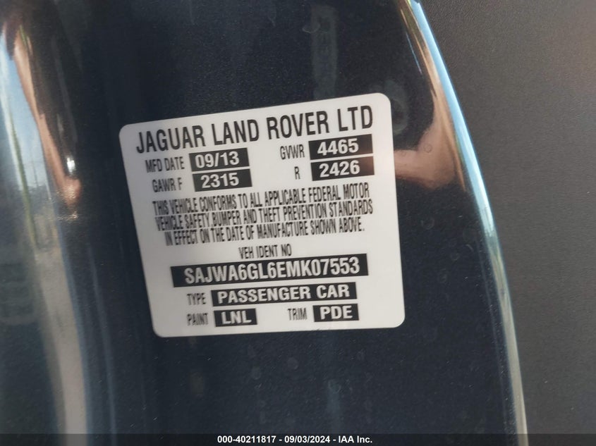 2014 Jaguar F-type VIN SAJWA6GL6EMK07553 COPART salvage auction — Right Side, Salvage (Utah), sold $6,200 on 2024-11-07 (photo 9)