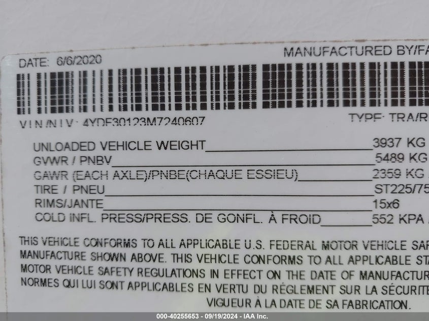 2021 Keystone Travel trlr VIN 4YDF30123M7240607 IAAI salvage auction — WATER/FLOOD, Salvage Title, sold $7,750 on 2026-07-15 (photo 9)
