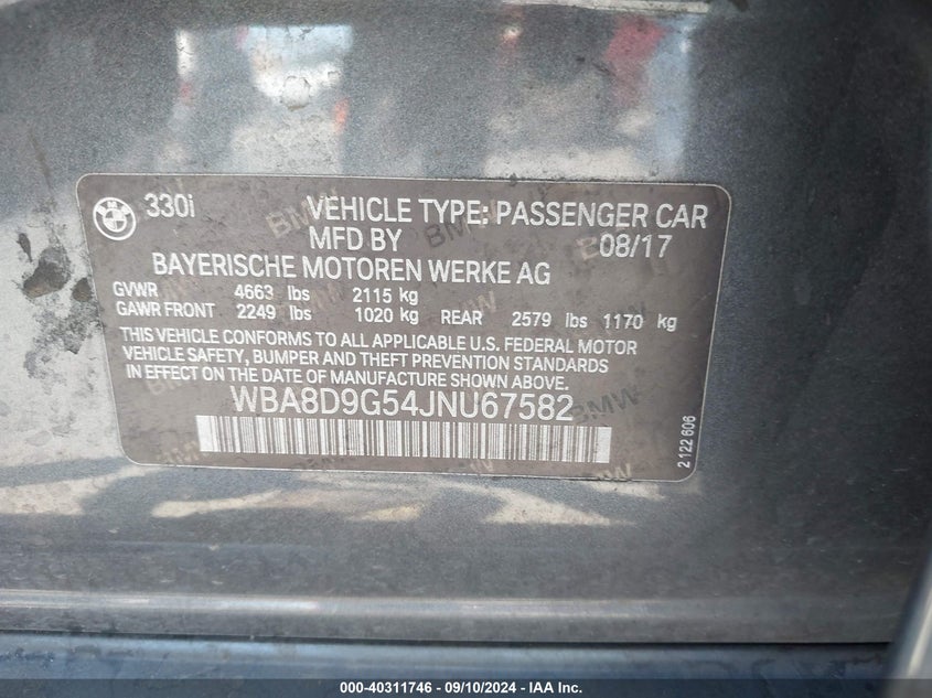2018 BMW 330i VIN WBA8D9G54JNU67582 IAAI salvage auction — RIGHT FRONT, Salvage (California), sold $3,525 on 2026-08-12 (photo 9)