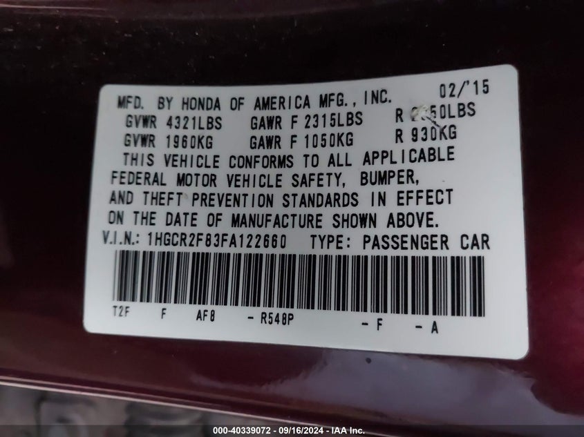 2015 Honda Accord VIN 1HGCR2F83FA122660 IAAI salvage auction — FRONT END, Salvage Title, sold $1,250 on 2026-07-20 (photo 9)