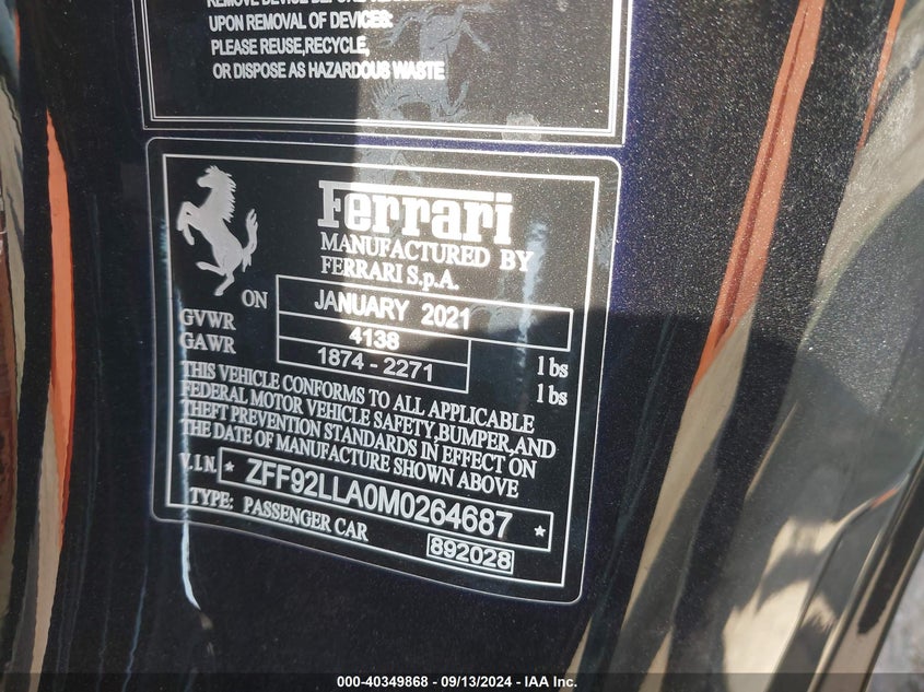 2021 Ferrari F8 Tributo VIN ZFF92LLA0M0264687 COPART salvage auction — Front End, Other (California), sold $139,500 on 2024-11-20 (photo 9)