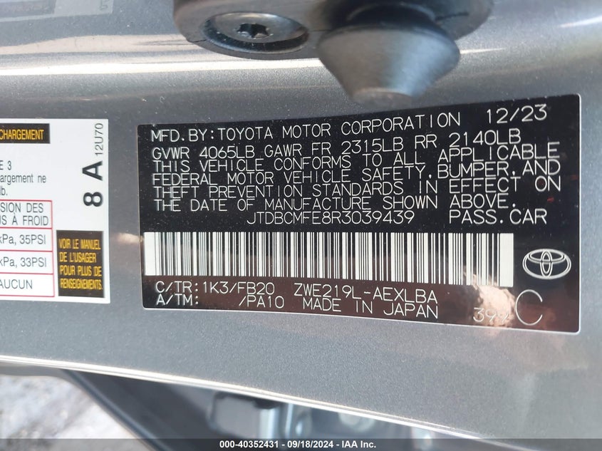 2024 Toyota Corolla VIN JTDBCMFE8R3039439 IAAI salvage auction — RIGHT SIDE, Salvage (Pennsylvania), sold $5,400 on 2026-07-17 (photo 9)