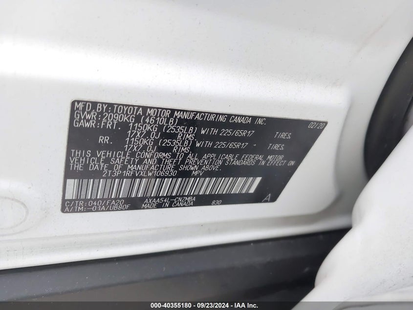 2020 Toyota Rav4 VIN 2T3P1RFVXLW106930 IAAI salvage auction — LEFT REAR, Salvage Title, sold $8,800 on 2026-07-30 (photo 9)