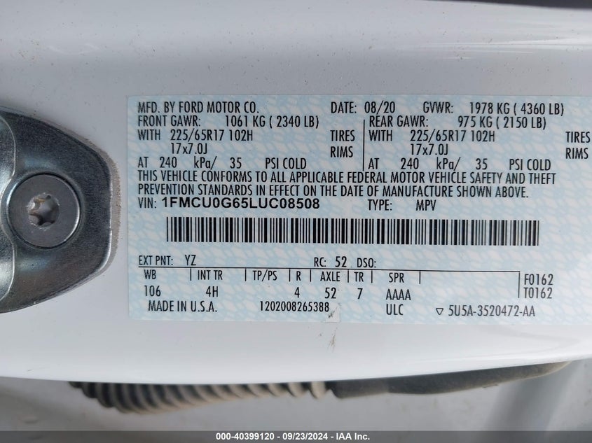 2020 FORD ESCAPE VIN 1FMCU0G65LUC08508 COPART salvage auction — Right Front, Salvage (Oklahoma), sold $6,400 on 2024-12-03 (photo 9)