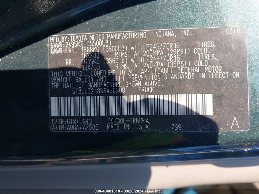 2005 Toyota Tundra VIN 5TBJU32185S456308 IAAI salvage auction — RIGHT SIDE, Clear (Florida), sold $1,600 on 2026-07-20 (photo 9)