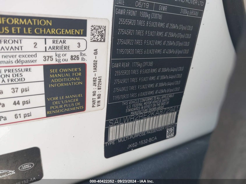 2019 Land rover RANGE ROVER VIN SALWR2RE2KA872941 COPART salvage auction — Flood, Clear (Florida), sold $20,200 on 2024-12-12 (photo 9)